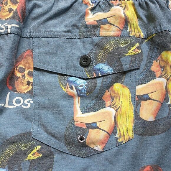 Lost Board Shorts Swim Mens L/M*Gray Skull Naked Snake Women Surf Goth - Picture 7 of 8